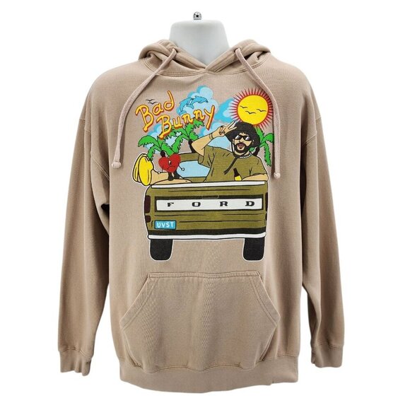 A.M.S. Bad Bunny Graphic Tan Hoodie Sweatshirt Adult Large - Picture 1 of 11